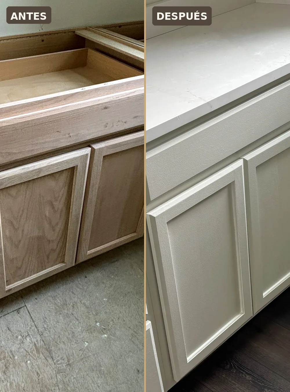 Gabinetes de roble antes y después de pintarse en blanco crema con encimera nueva