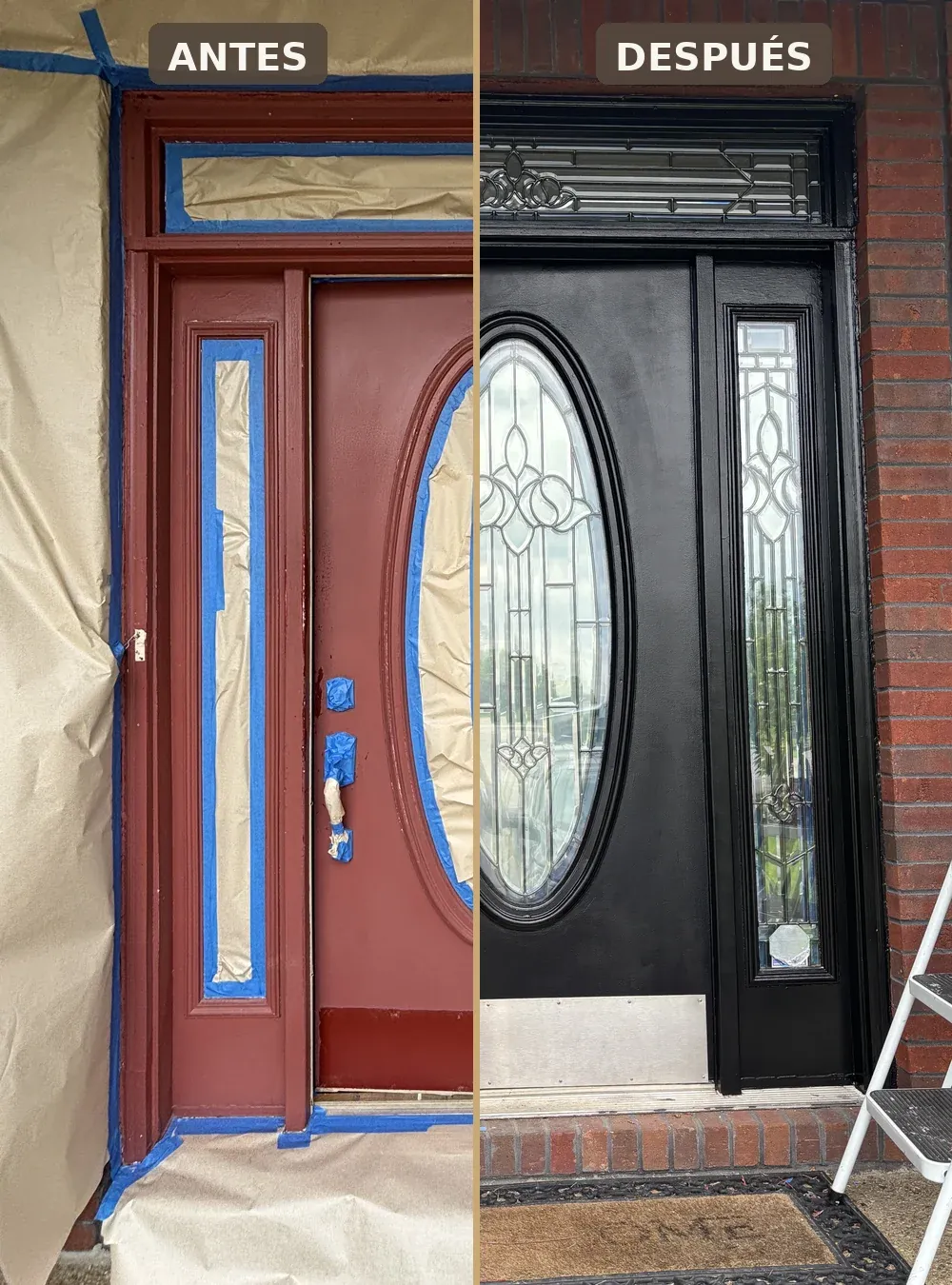 Puerta principal repintada de rojo desgastado a negro satinado en Louisville, KY, antes y después